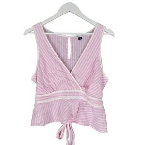 American Eagle Wrap Tank Top Blouse Sz Large Pink White Stripe V-Neck Tie Back